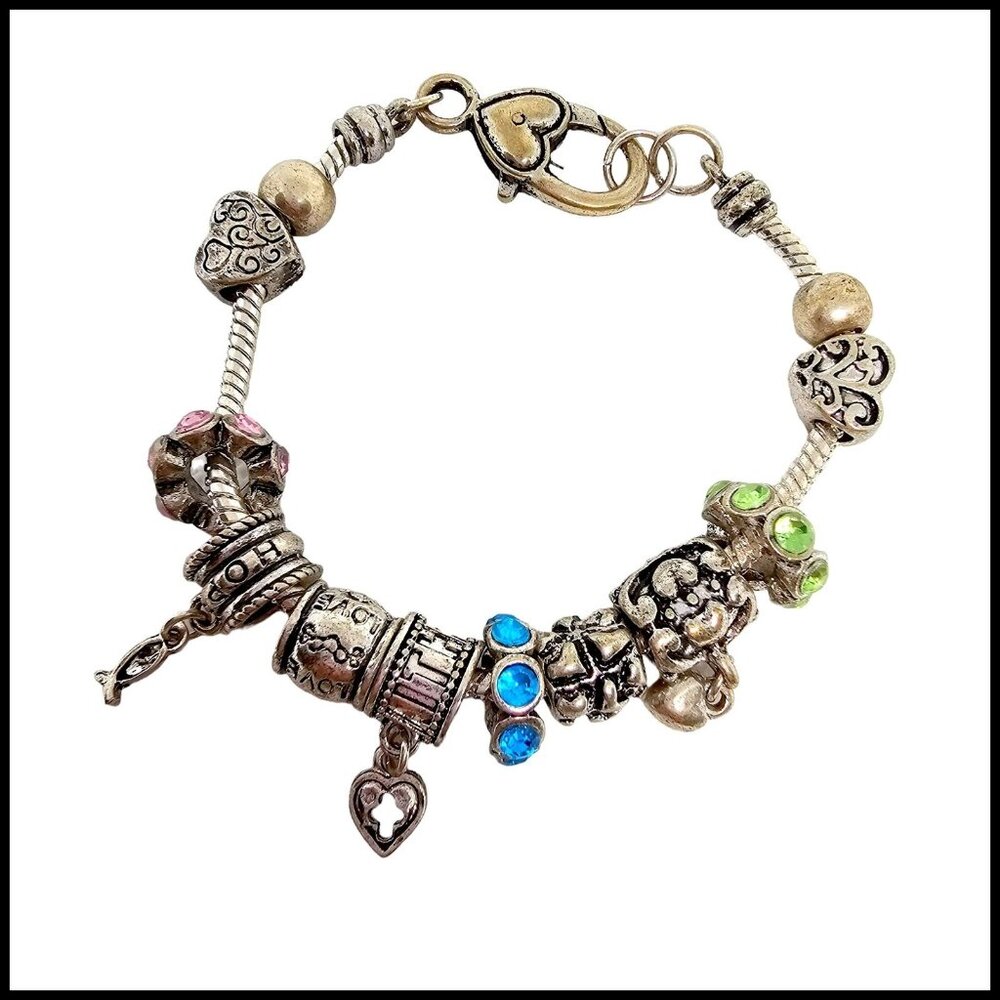 BlueRica Snake Chain Charm Bracelet Silver Tone 10 Charms‎ Heart Fish Blue Pink